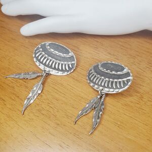 Womens Pewter Feather Dangle Earrings Round Etched Native American Jewelry
